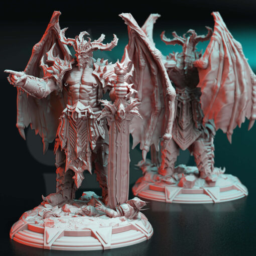 Giant demon with wings and a gigantic sword and four horns , it's a physical print for dungeons and dragons
