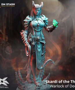 A Demon lady with a whip and magic in hand , it's a physical miniature for dungeons and dragons