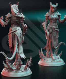 A Demon lady with a whip and magic in hand , it's a physical miniature for dungeons and dragons
