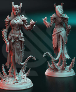 A Demon lady with a whip and magic in hand , it's a physical miniature for dungeons and dragons