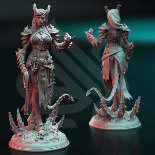 A Demon lady with a whip and magic in hand , it's a physical miniature for dungeons and dragons