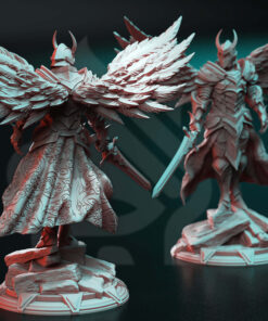 A Godly Paladin holding a sword and has wings on his back, it's a physical miniature for dungeons and dragons