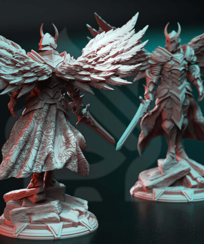 A Godly Paladin holding a sword and has wings on his back, it's a physical miniature for dungeons and dragons
