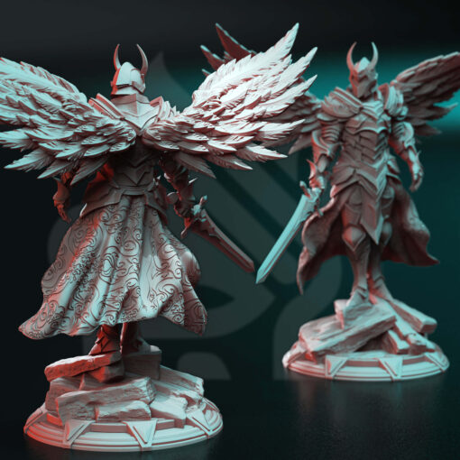 A Godly Paladin holding a sword and has wings on his back, it's a physical miniature for dungeons and dragons