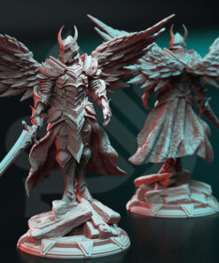 A Godly Paladin holding a sword and has wings on his back, it's a physical miniature for dungeons and dragons