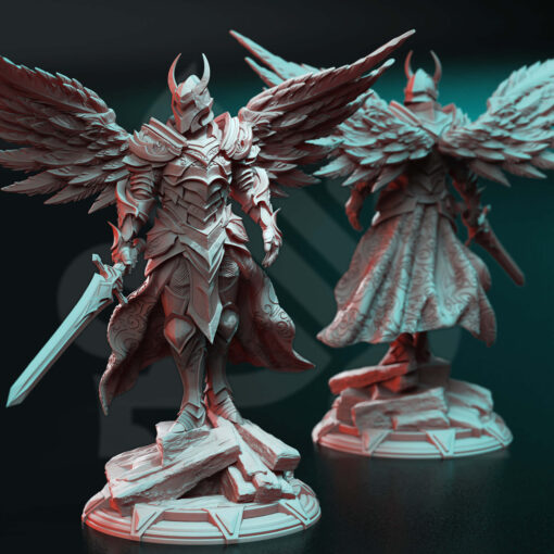 A Godly Paladin holding a sword and has wings on his back, it's a physical miniature for dungeons and dragons