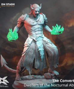 Physical miniature of a demon with green flames in his hands for dungeons and dragons