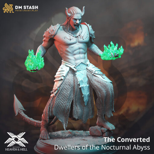 Physical miniature of a demon with green flames in his hands for dungeons and dragons