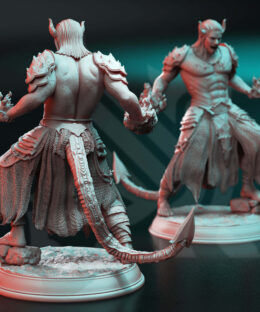 Physical miniature of a demon with flames in his hands for dungeons and dragons