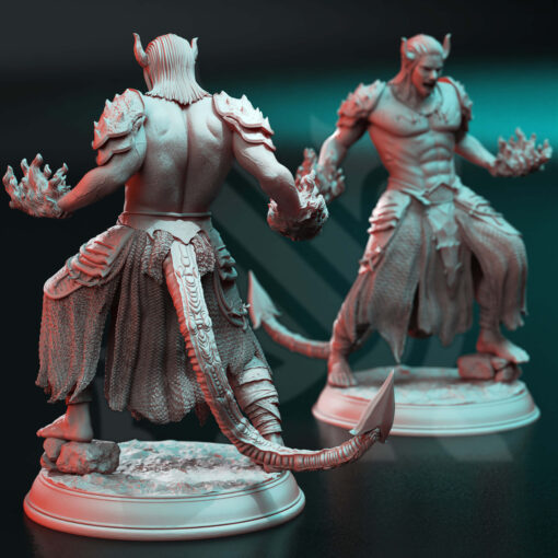 Physical miniature of a demon with flames in his hands for dungeons and dragons