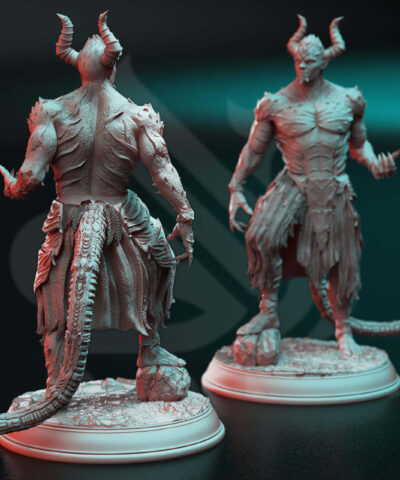 Physical miniature of a demon holding his hand up for dungeons and dragons