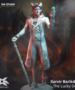 Physical miniature of a fancy dressed demon with a cane holding a coin for dungeons and dragons