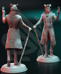 Physical miniature of a fancy dressed demon with a cane holding a coin for dungeons and dragons