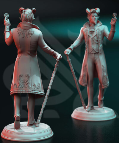 Physical miniature of a fancy dressed demon with a cane holding a coin for dungeons and dragons
