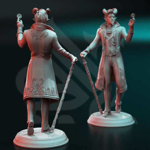 Physical miniature of a fancy dressed demon with a cane holding a coin for dungeons and dragons