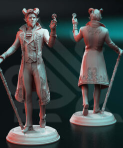 Physical miniature of a fancy dressed demon with a cane holding a coin for dungeons and dragons