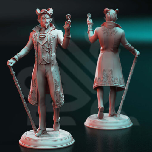 Physical miniature of a fancy dressed demon with a cane holding a coin for dungeons and dragons