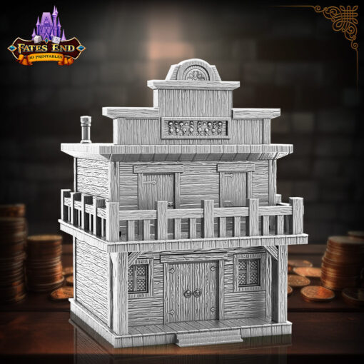 A dice vault in the style of an old western bank with skulls on top.
