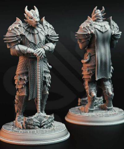 A dragon humanoid standing with a hammer