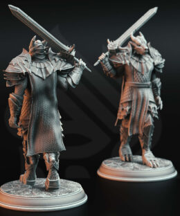 A dragon humanoid holding a sword on it's shoulder