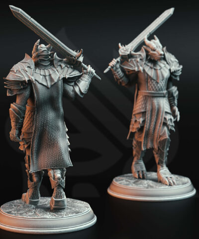 A dragon humanoid holding a sword on it's shoulder