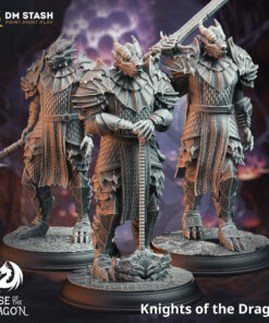 Three dragon humanoids with different weapons standing side by side
