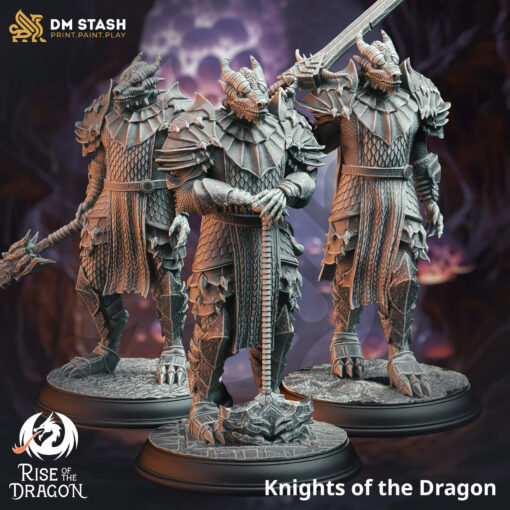 Three dragon humanoids with different weapons standing side by side