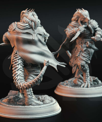A dragon humanoid with two daggers