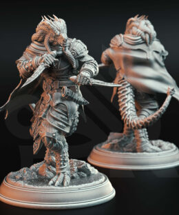 A dragon humanoid with two daggers