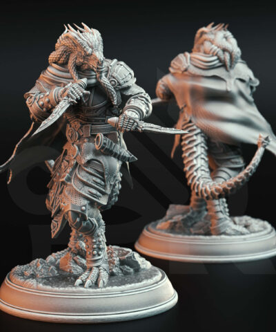 A dragon humanoid with two daggers