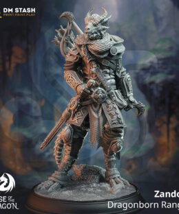 Dragon humanoid with a bow and arrow on it's back while holding a sword