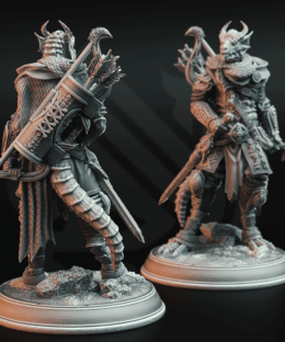 Dragon humanoid with a bow and arrow on it's back while holding a sword