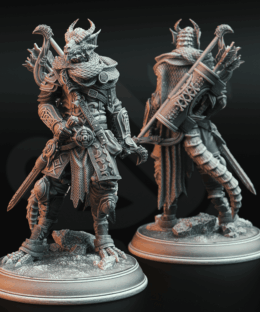 Dragon humanoid with a bow and arrow on it's back while holding a sword