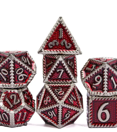 Silver & Red Steampunk Colorful Metal Dice (Serrated) with Metal Box - Image 2