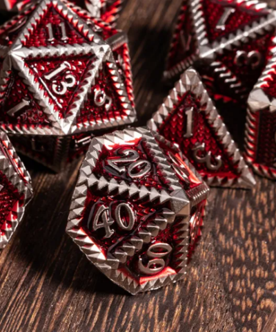 Silver & Red Steampunk Colorful Metal Dice (Serrated) with Metal Box