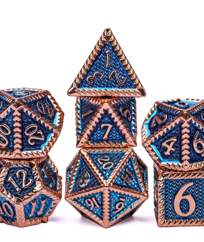 Copper & Blue Steampunk Colorful Metal Dice (Serrated) with Metal Box - Image 2