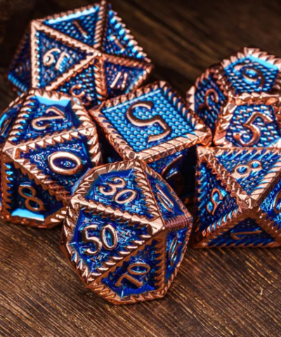 Copper & Blue Steampunk Colorful Metal Dice (Serrated) with Metal Box