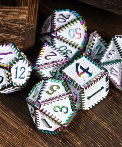Colorful & White Steampunk Colorful Metal Dice (Serrated) with Metal Box